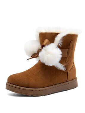 Women's Fur-Lined Suede Boots with Pom-Pom Accents Combining Warmth Style